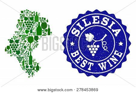 Vector Collage Of Wine Map Of Silesia Province And Best Grape Wine Grunge Seal Stamp. Map Of Silesia