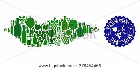 Vector Collage Of Wine Map Of Socotra Island And Best Grape Wine Grunge Watermark. Map Of Socotra Is