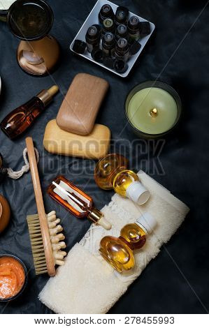 Luxury Set Of Spa Products With Accessoires On Black Background