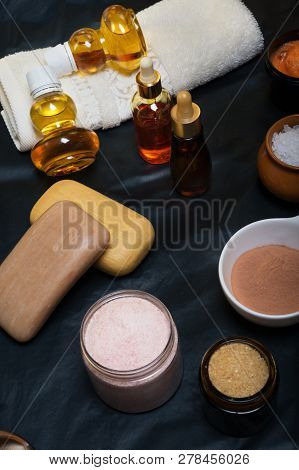 Luxury Set Of Spa Products With Accessoires On Black Background