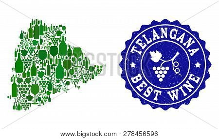 Vector Collage Of Wine Map Of Telangana State And Best Grape Wine Grunge Seal. Map Of Telangana Stat
