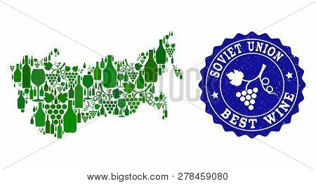 Vector Collage Of Wine Map Of Ussr And Best Grape Wine Grunge Seal Stamp. Map Of Ussr Collage Compos