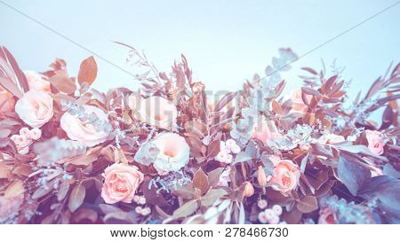 Amazing floral decoration, beautiful natural border, stylish wedding composition of roses, eustomas and different kind of eucaliptus, mordern way of floral decor