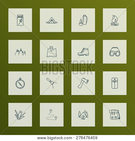 Vacation Icons Line Style Set With Map, Axe, Compass And Other Hatchet Elements. Isolated Vector Ill