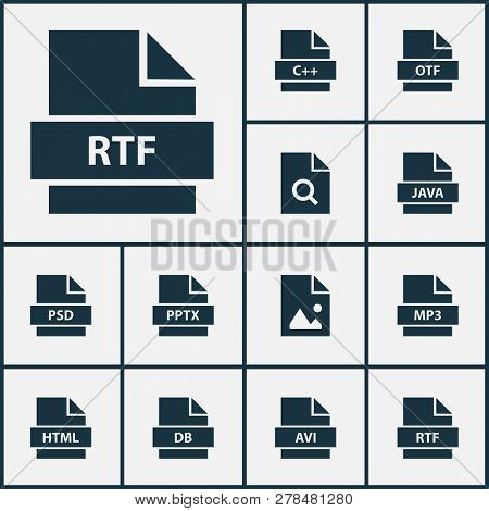 Types Icons Set With Mp3, Database, Image And Other Directory Elements. Isolated  Illustration Types