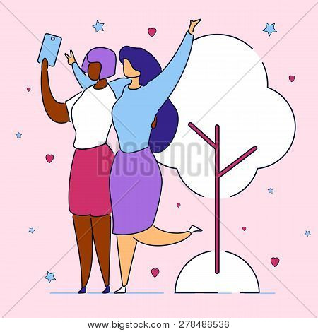 Modern Cartoon Flat Characters Express Emotions On Selfie Camera, Doing Self Photo On Party, Concert