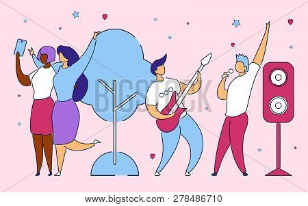 Modern Flat Cartoon Characters Doing Self Photo, Express Emotions On Selfie Camera In Front Of Guita
