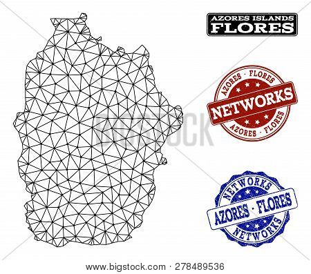 Black Mesh Vector Map Of Azores - Flores Island Isolated On A White Background And Grunge Watermarks
