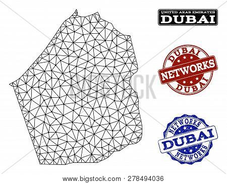 Black Mesh Vector Map Of Dubai Emirate Isolated On A White Background And Rubber Watermarks For Netw