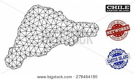 Black Mesh Vector Map Of Easter Island Isolated On A White Background And Grunge Watermarks For Netw