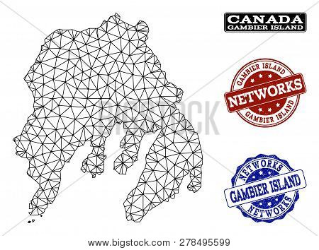Black Mesh Vector Map Of Gambier Island Isolated On A White Background And Rubber Watermarks For Net