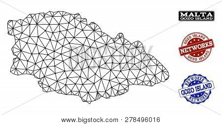 Black Mesh Vector Map Of Gozo Island Isolated On A White Background And Rubber Watermarks For Networ
