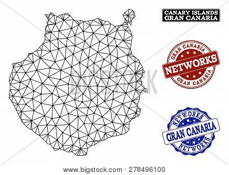 Black Mesh Vector Map Of Gran Canaria Isolated On A White Background And Rubber Watermarks For Netwo