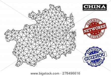 Black Mesh Vector Map Of Guizhou Province Isolated On A White Background And Grunge Watermarks For N