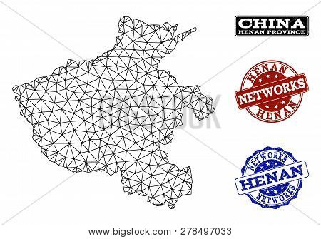 Black Mesh Vector Map Of Henan Province Isolated On A White Background And Scratched Watermarks For 