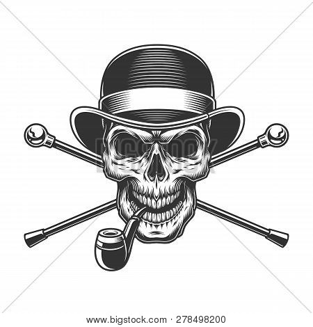 Vintage Gentleman Skull In Fedora Hat With Smoking Pipe And Crossed Walking Canes Isolated Vector Il