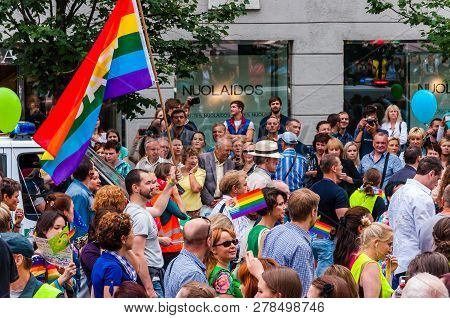 Vilnius, Lithuania - July 27, 2013: Pride Parade In Action. Crowd Of Watchers And Demonstrators With