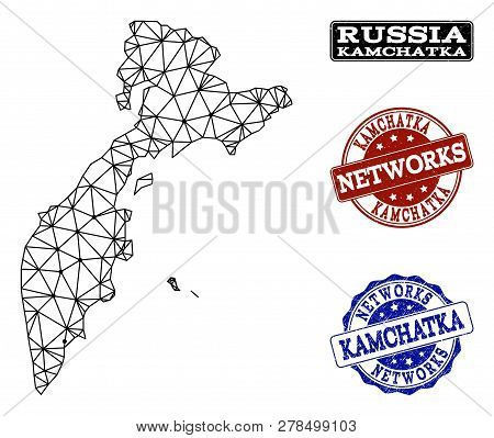 Black Mesh Vector Map Of Kamchatka Peninsula Isolated On A White Background And Scratched Stamp Seal