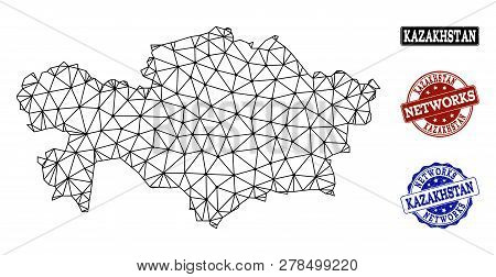 Black Mesh Vector Map Of Kazakhstan Isolated On A White Background And Scratched Stamp Seals For Net