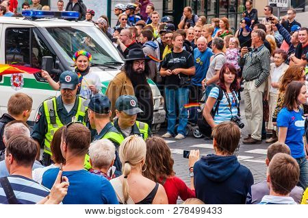 Vilnius, Lithuania - July 27, 2013: Police Forces Ensuring Safety During The Pride Parade On Gedimin