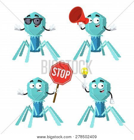 Set Of Cartoon Bacteriophage Cell Character Mascot