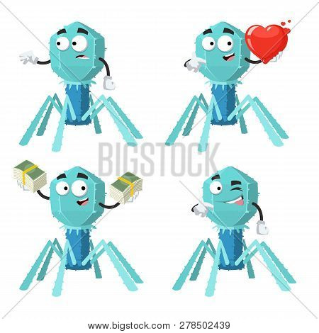 Set Of Cartoon Bacteriophage Cell Character Mascot