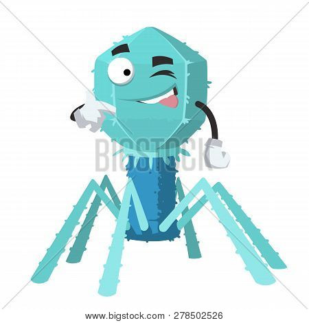 Cartoon Joyful Bacteriophage Cell Character Mascot Winks