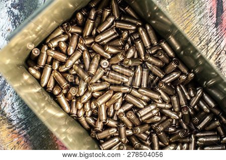 Top View Of Gun Ammunition Box. Bullets For Pistol