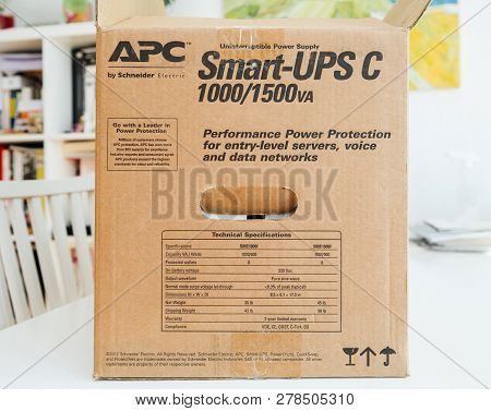 Paris, France - Mar 24, 2018: Side View Of Box  Apc Smart-ups C 1000va Lcd 230v Enterprise-level Uni