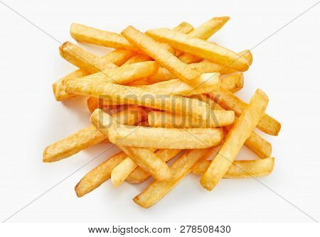 Long Cut Of French Fries In Flat Lay View On White Background.