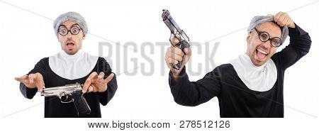 Man in nun dress with handgun 