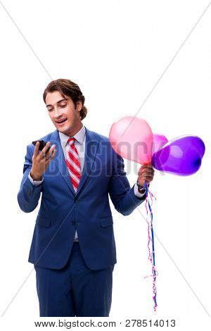 Elegant businessman with balloons isolated on white