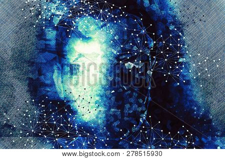 Portrait Of A Man With Polygonal Shapes , Ciborg Look - Artificial Intelligence And Mind Concept