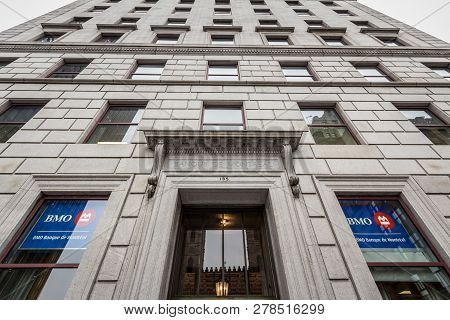 Montreal, Canada - November 9, 2018: Bank Of Montreal Logo, Known As Bmo, In Front Of Their Historic