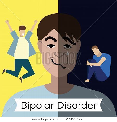 Bipolar Disorder Concept. Young Man With Double Face Expression And At Different Poses. Vector Illus