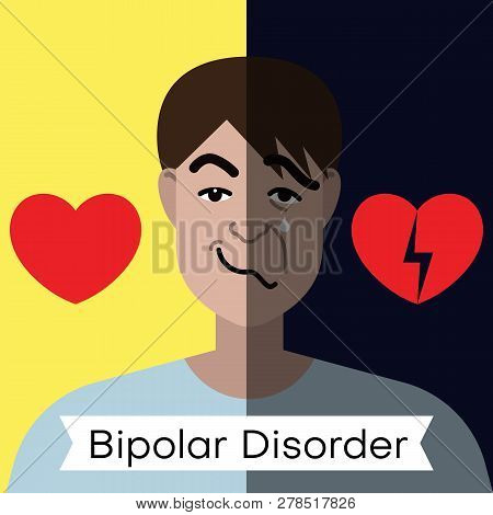 Bipolar Disorder Concept. Young Man With Double Face Expression And Red Heart. Vector Illustration
