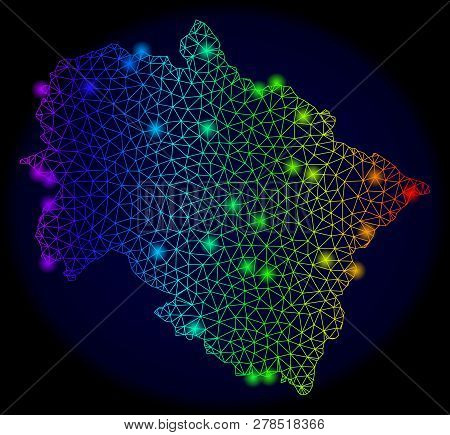 Bright Mesh Vector Map Of Uttarakhand State With Glow Effect. Light Spots Have Bright Spectrum Color