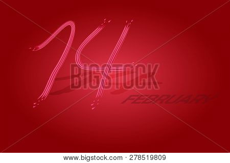 Inscription On February 14, The Thumb On A Red Background And The Emitation Of Drawing Paint With Dr
