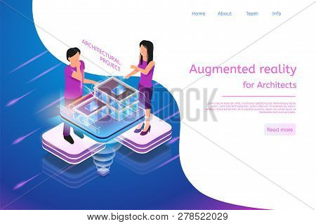Isometric Banner Augmented Reality For Architects. Vector Illustration Man And Woman Working Archite