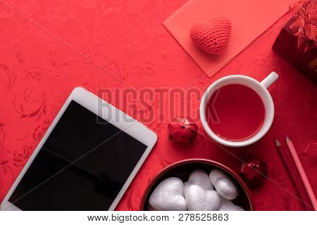 Valentine's Day Holiday Celebration Background, Cup Of Juice And Gift Box.