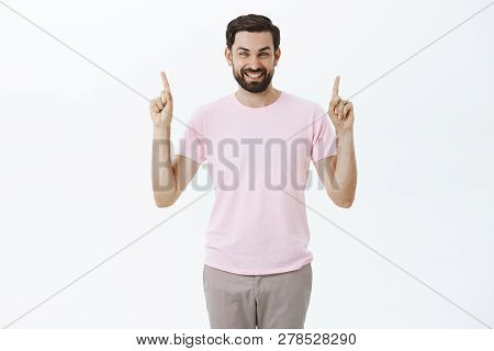 Delighted Charismatic Happy Man With Beard And Dark Hair Smiling With Broad White Grin At Camera As 