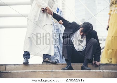 Failure Businessman Going Bankrupt Try To Stand Up When A Friend Are Helping.