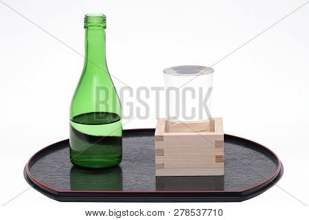 Japanese Wooden Box Masu With Sake Isolated On White Background