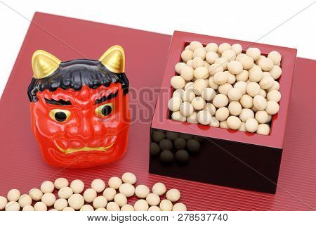 Japanese Traditional Event, Soybeans And Mask Of Demon Are Used On An Annual Event /setsubun.
