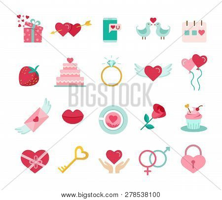Valentines Day Flat Icons Set. Present, Balloons, Gift, Cupcake, Love Letter, Balloons, Wingerd Hear