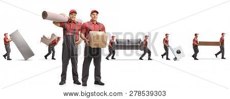 Guys from a moving company carrying home appliences and furniture isolated on white background