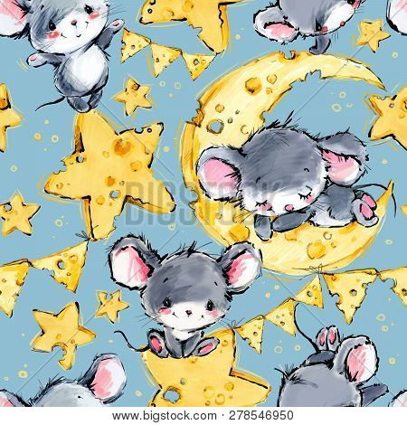 Cute Mice Seamless Background. Funny Cartoon Mouse. Moon And Star Pattern.