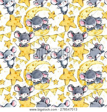 Cute Mice Seamless Background. Funny Cartoon Mouse. Moon And Star Pattern.