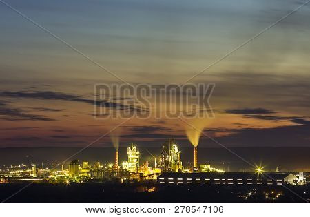 Panorama View Of Cement Plant And Power Sation At Night In Ivano-frankivsk, Ukraine