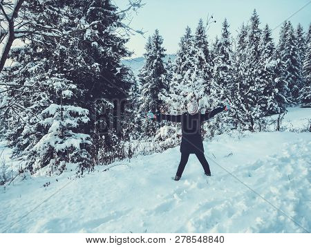 Snowfall. Trees In The Snow. Sky In The Winter Season. Beautiful View. Heppy Child.